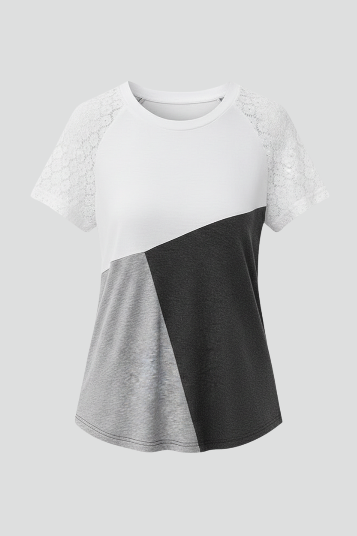 Women’s round neck T-shirt with lace sleeves and geometric color block panel, suitable for everyday wear and casual styling.