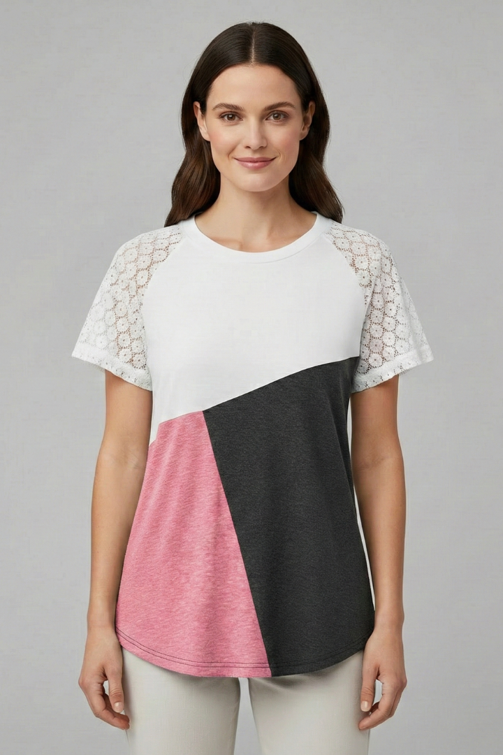 Women’s round neck T-shirt with lace sleeves and geometric color block panel, suitable for everyday wear and casual styling.