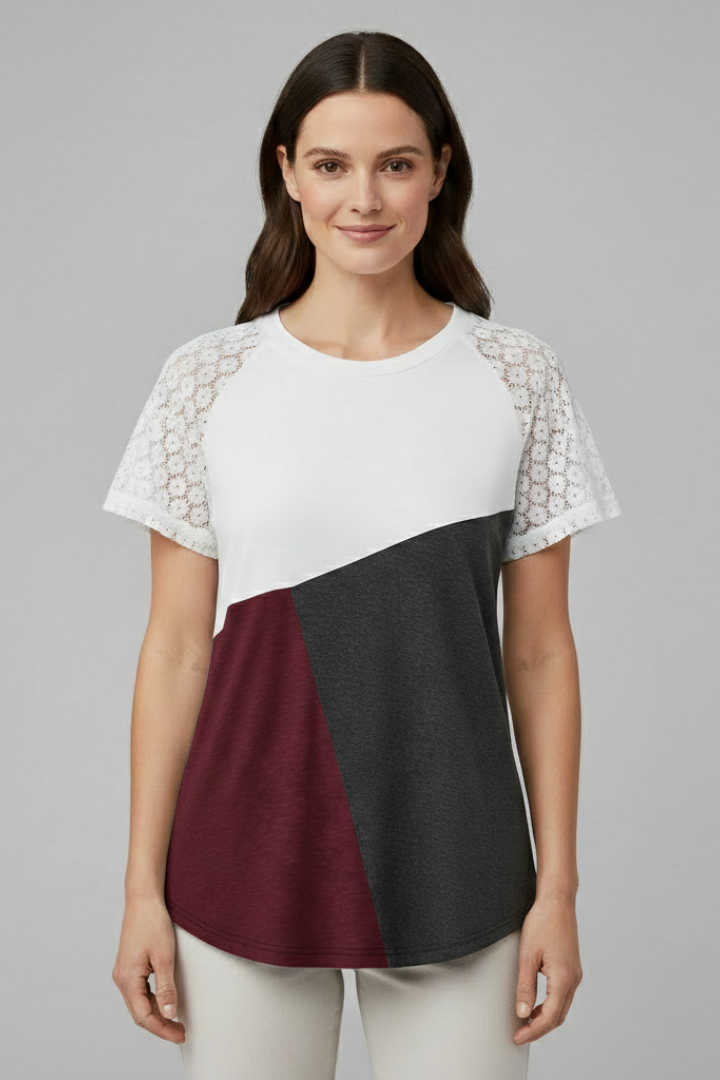 Women’s round neck T-shirt with lace sleeves and geometric color block panel, suitable for everyday wear and casual styling.
