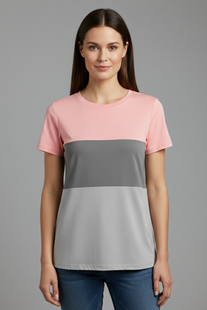 Women’s short sleeve T-shirt with round neckline and horizontal color block panels, suitable for everyday wear and casual styling.