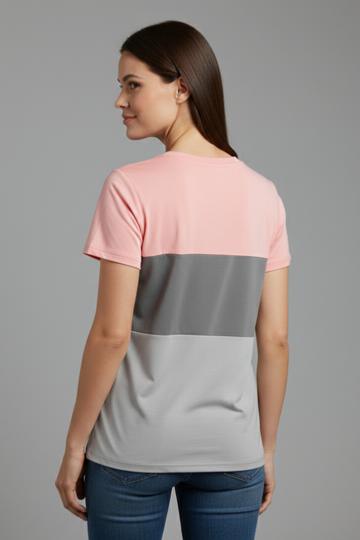 Women’s short sleeve T-shirt with round neckline and horizontal color block panels, suitable for everyday wear and casual styling.