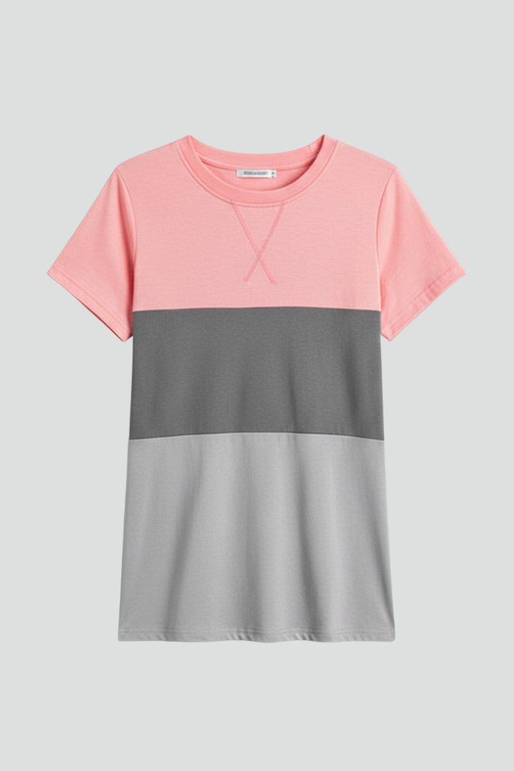 Women’s short sleeve T-shirt with round neckline and horizontal color block panels, suitable for everyday wear and casual styling.