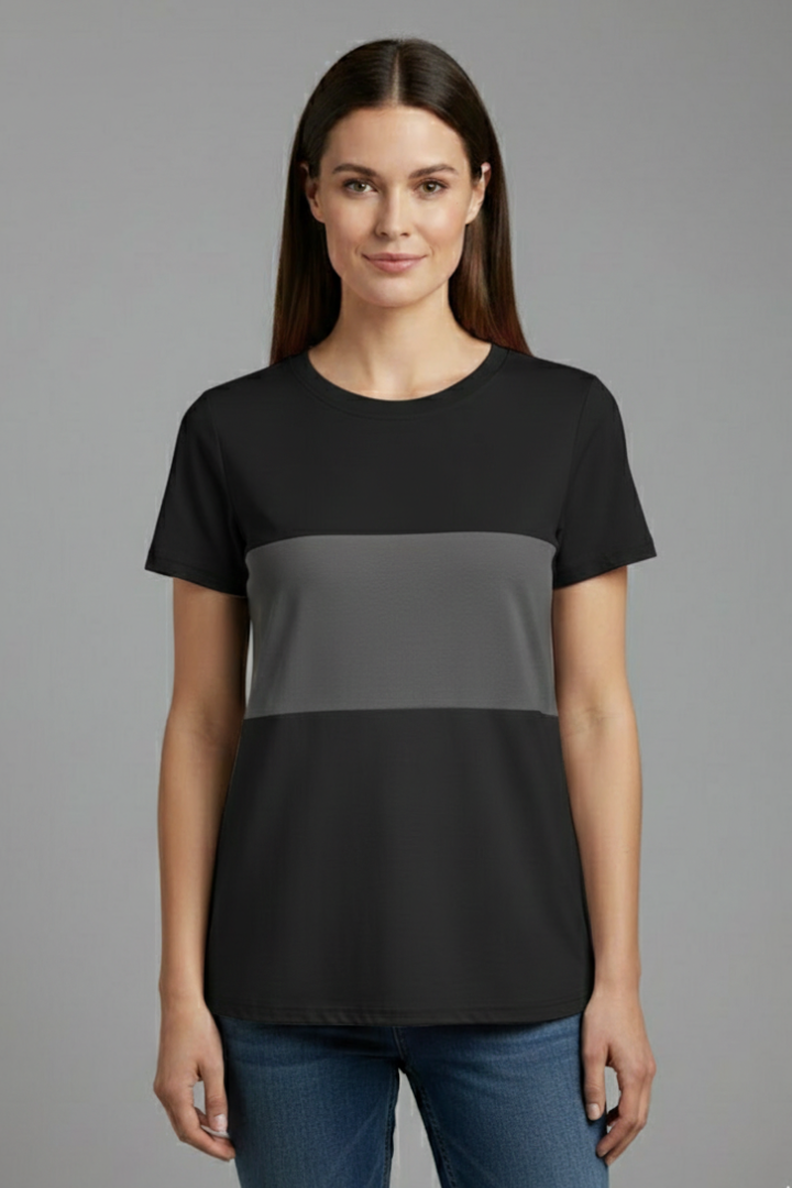 Women’s short sleeve T-shirt with round neckline and horizontal color block panels, suitable for everyday wear and casual styling.