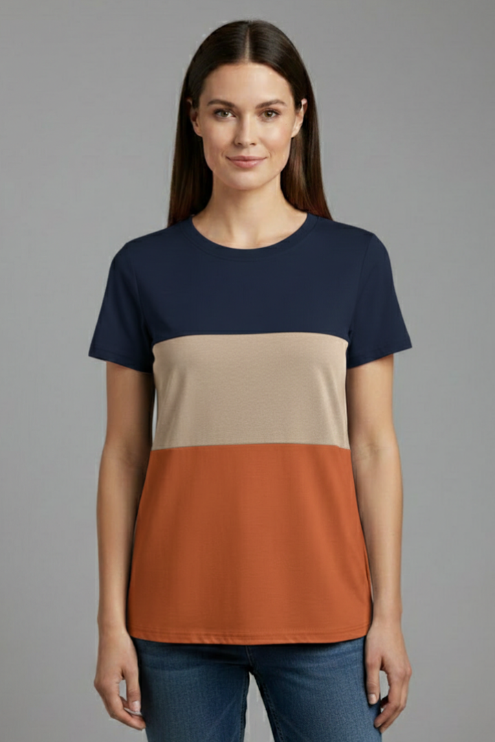 Women’s short sleeve T-shirt with round neckline and horizontal color block panels, suitable for everyday wear and casual styling.