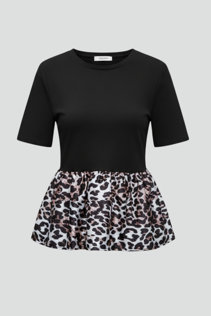 Women’s short sleeve T-shirt with round neckline and printed peplum hem detail, suitable for everyday wear and casual styling.