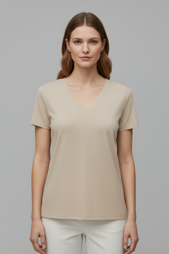 Women’s short sleeve T-shirt with V-neckline and visible stitched seam detailing, suitable for casual wear and everyday styling.
