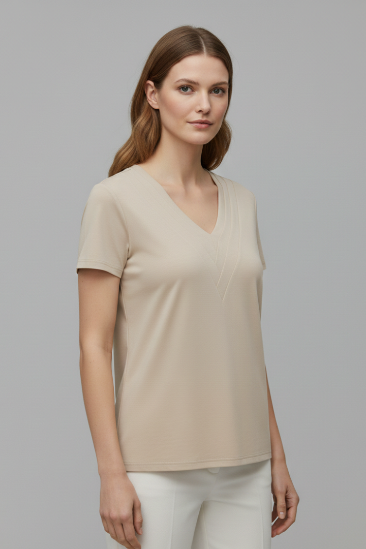 Women’s short sleeve T-shirt with V-neckline and visible stitched seam detailing, suitable for casual wear and everyday styling.