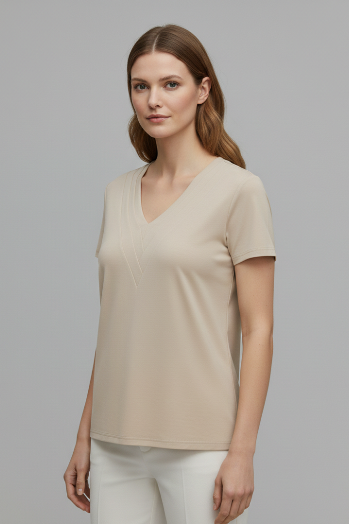 Women’s short sleeve T-shirt with V-neckline and visible stitched seam detailing, suitable for casual wear and everyday styling.