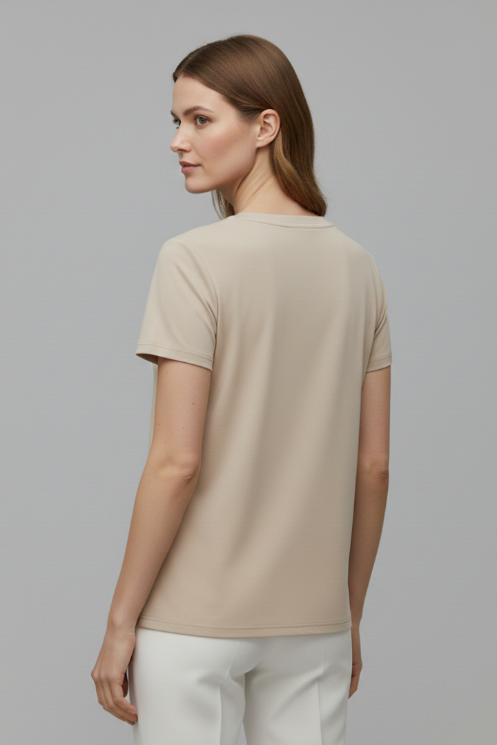 Women’s short sleeve T-shirt with V-neckline and visible stitched seam detailing, suitable for casual wear and everyday styling.