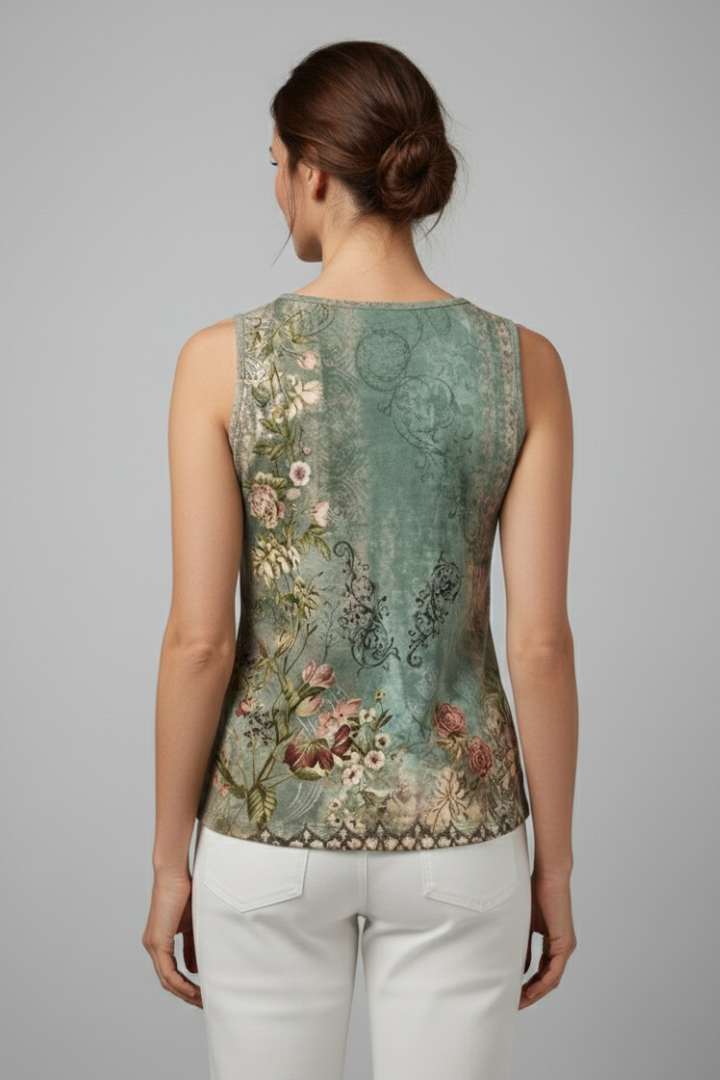 Women’s sleeveless tank top with V-neckline and floral print, featuring wide straps and a straight hem for summer wear and everyday styling.