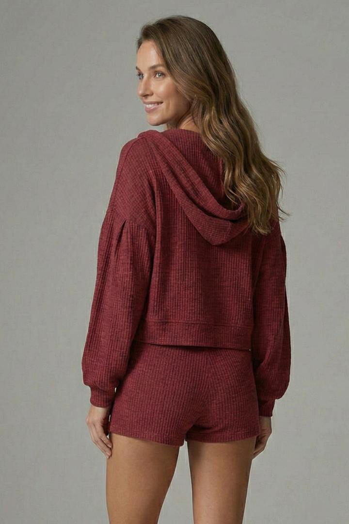 Women’s three piece set with hooded jacket, v-neck bralette, and high waist shorts, ideal for casual outfits and lounge styling.