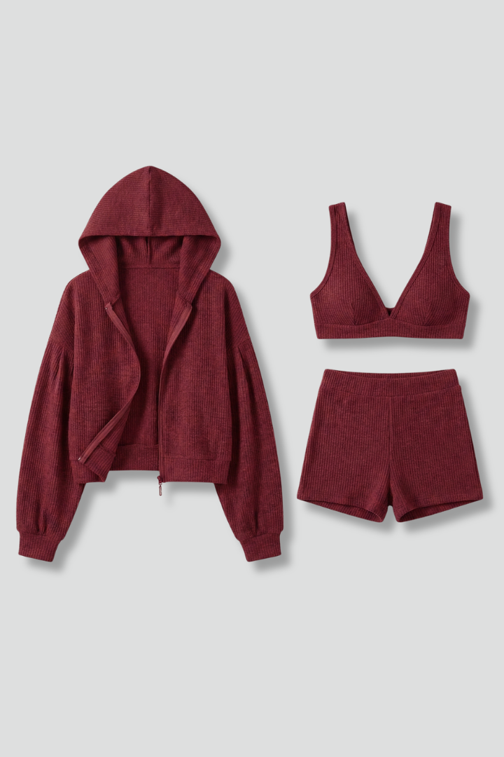 Women’s three piece set with hooded jacket, v-neck bralette, and high waist shorts, ideal for casual outfits and lounge styling.
