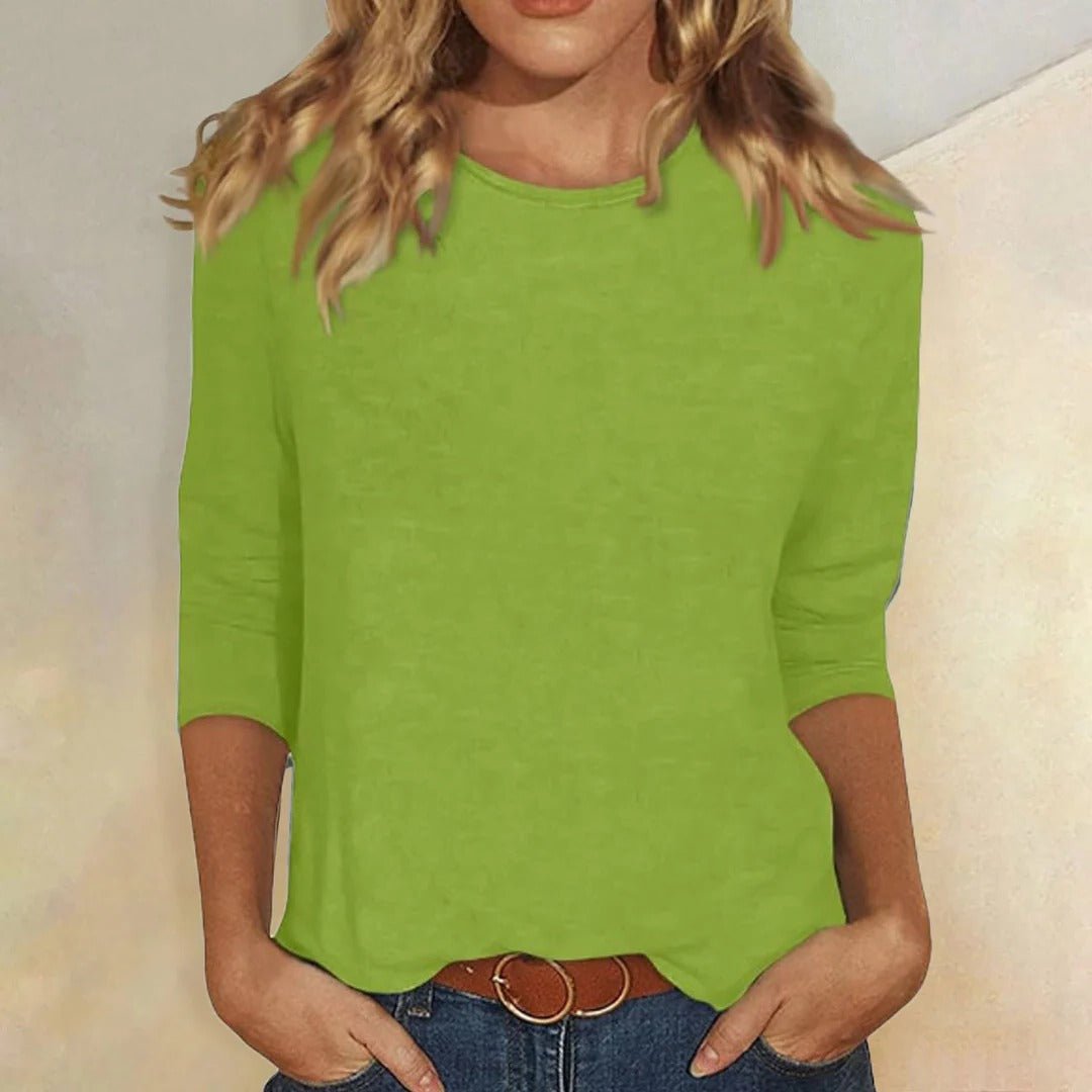 Women’s top with 3/4 sleeves, crew neckline, and regular fit, ideal for everyday wear, office outfits, and casual styling.