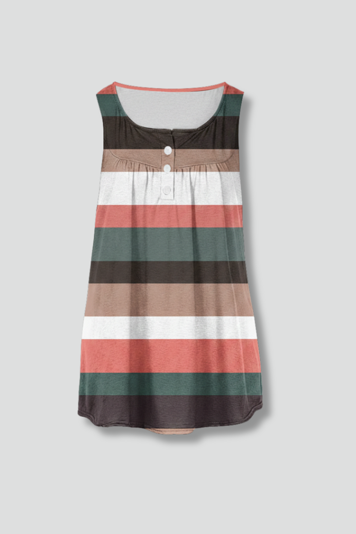 Women’s sleeveless tunic top with V-neckline, button detail, and horizontal stripe pattern, suitable for casual wear and summer outfits.
