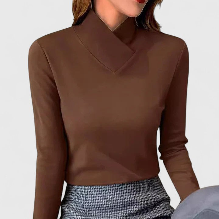 Women’s turtleneck top with a tailored fit and structured silhouette, ideal for office wear, casual outings, and smart-casual styling.