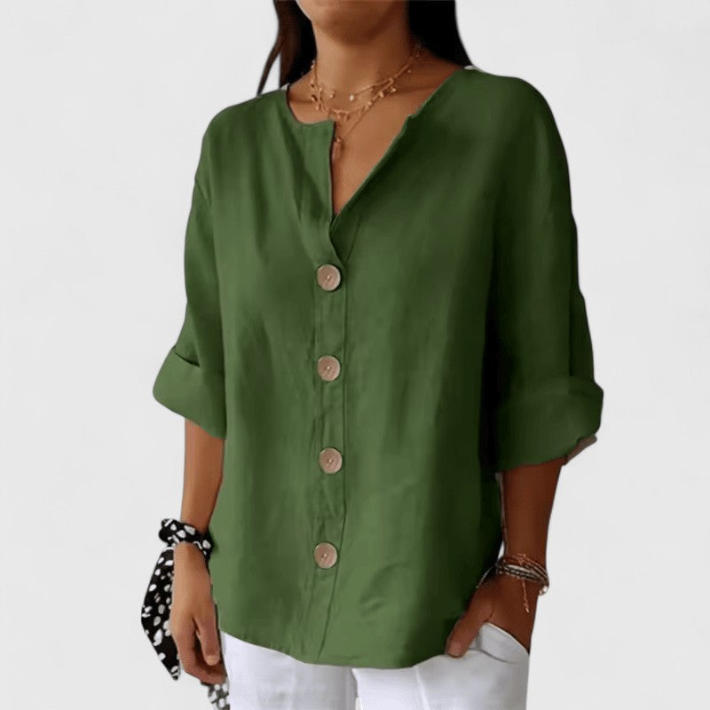 Women’s V-neck blouse with button-front detail and relaxed fit, ideal for office wear, vacations, and casual everyday styling.