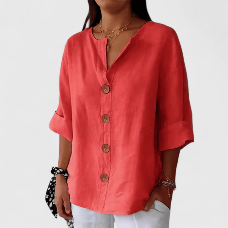 Women’s V-neck blouse with button-front detail and relaxed fit, ideal for office wear, vacations, and casual everyday styling.