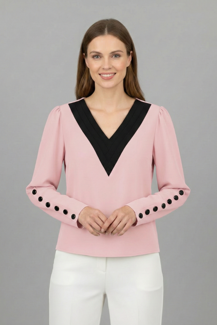 Women’s V-neck blouse with contrast trim, wrap-style front, and cuff buttons, featuring a color block design for office or everyday wear.