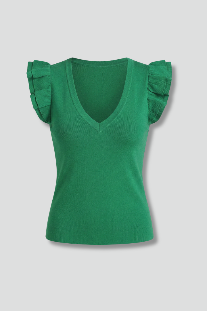 Women’s sleeveless top with v-neckline and ruffle shoulder detail, designed for casual wear and summer outfits