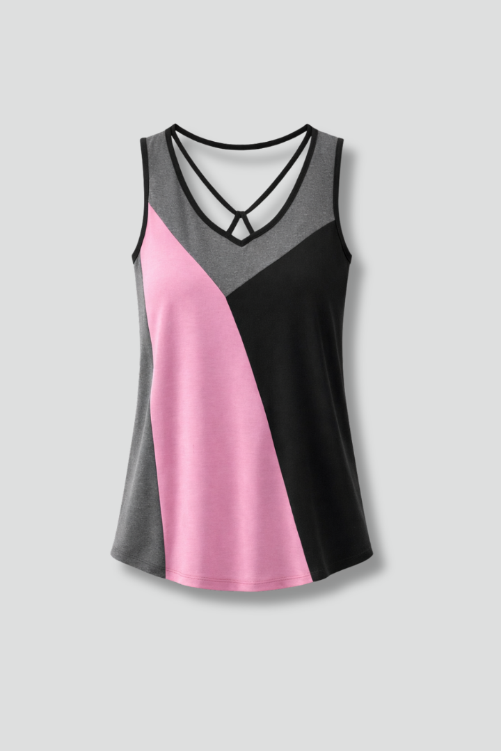 Women’s sleeveless top with v-neckline and strap detail, featuring colour block panels for casual and summer outfits