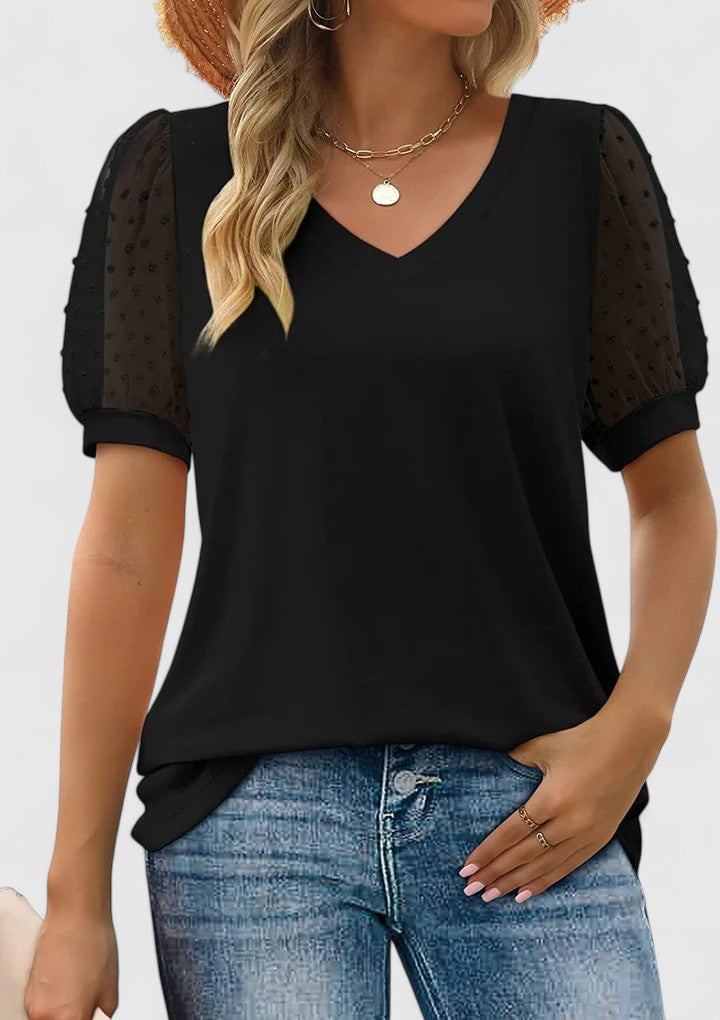 Women’s V-neck top with sheer sleeves and a flattering fit, ideal for casual wear, office outfits, and evening occasions.