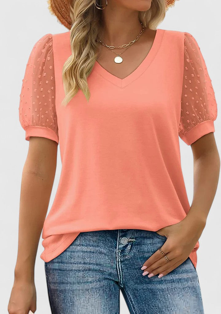 Women’s V-neck top with sheer sleeves and a flattering fit, ideal for casual wear, office outfits, and evening occasions.