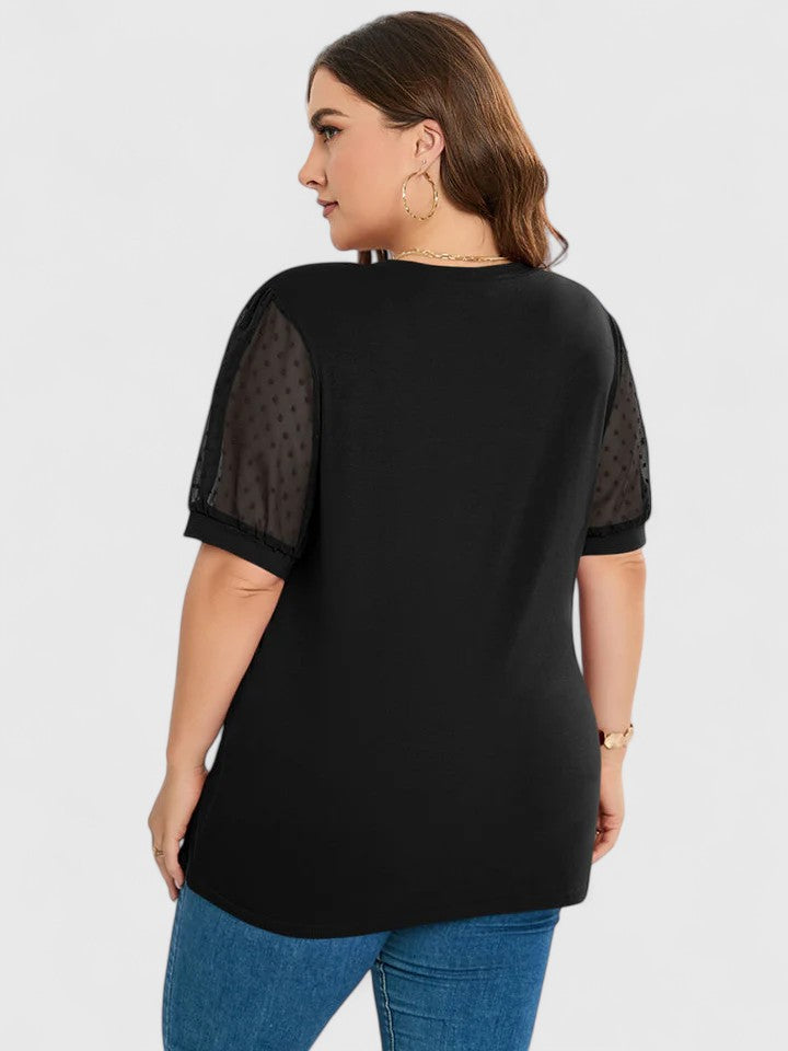 Women’s V-neck top with sheer sleeves and a flattering fit, ideal for casual wear, office outfits, and evening occasions.