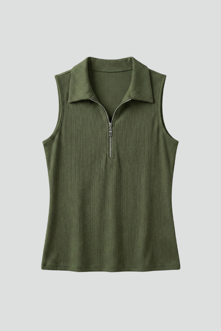 Women’s sleeveless polo top with half zip, ribbed texture, and wide shoulders, suitable for casual wear and office outfits.