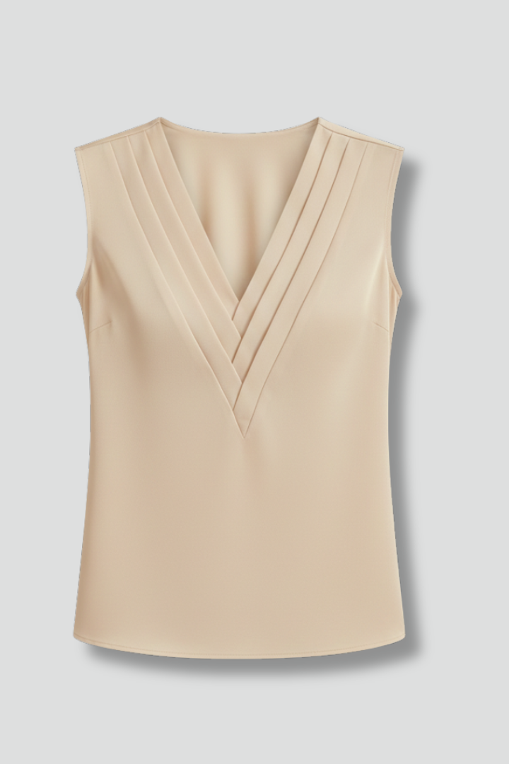 Women’s sleeveless blouse with V-neck and wrap-style front, suitable for office wear and everyday outfits.